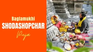 Baglamukhi Shodashopchar Puja video featuring Hindu priests performing traditional rituals before a decorated shrine of Goddess Baglamukhi.