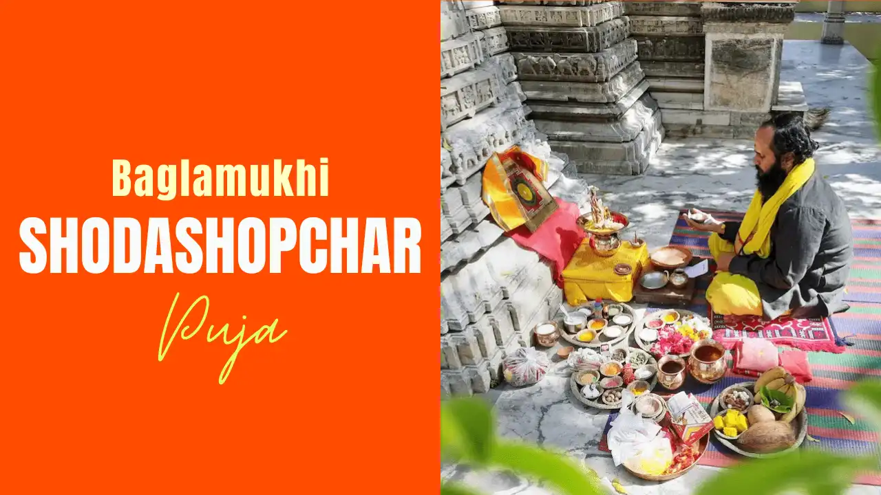 Baglamukhi Shodashopchar Puja video featuring Hindu priests performing traditional rituals before a decorated shrine of Goddess Baglamukhi.