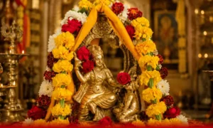 Golden idol of Maa Baglamukhi adorned with yellow and red flower garlands in a temple setting with lit brass diyas