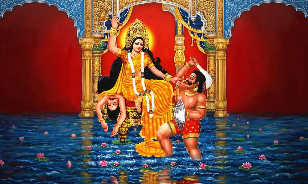 Maa Baglamukhi golden painting with mace and traditional iconography
