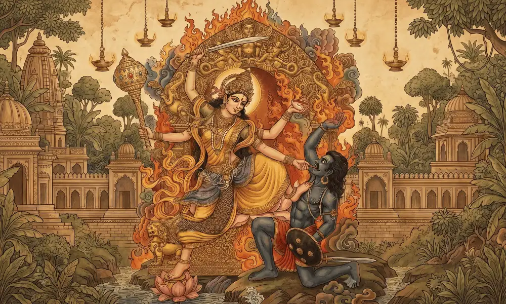 Traditional Maa Baglamukhi painting in a temple shrine