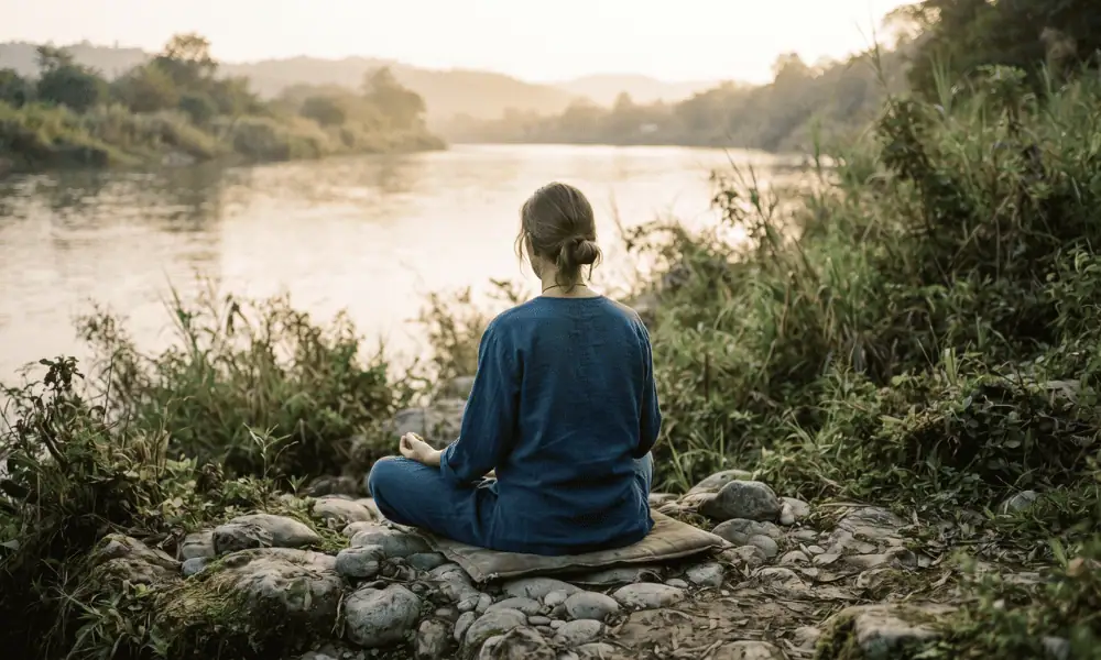 Devotee meditating peacefully beside a river during spiritual practice