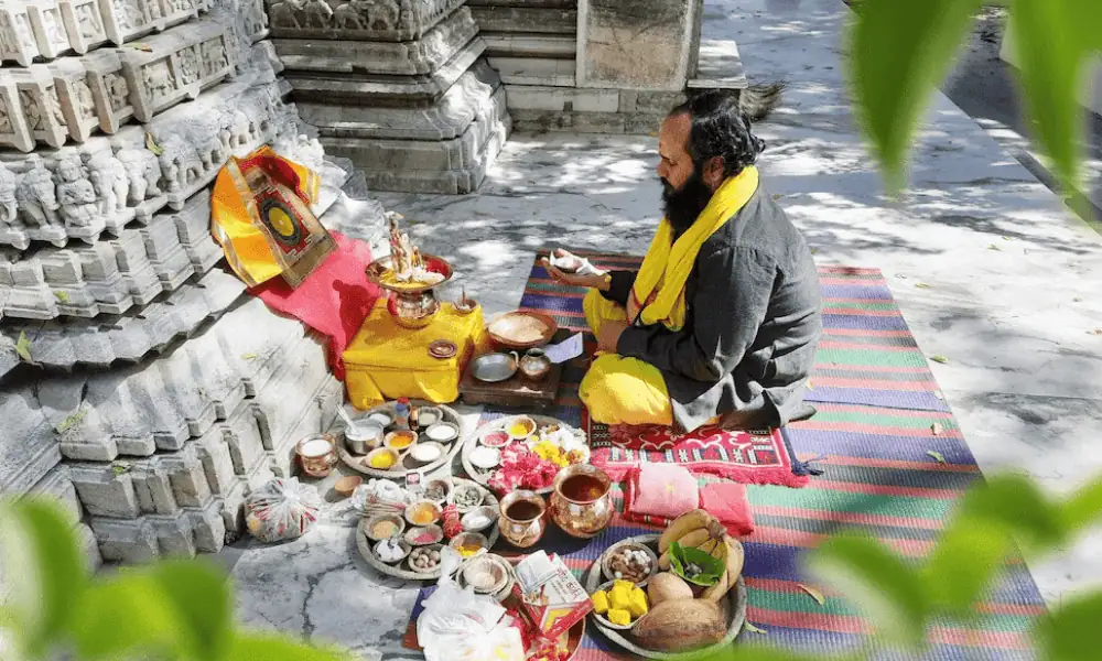 Maa Baglamukhi Puja offerings and ritual items arranged at a temple
