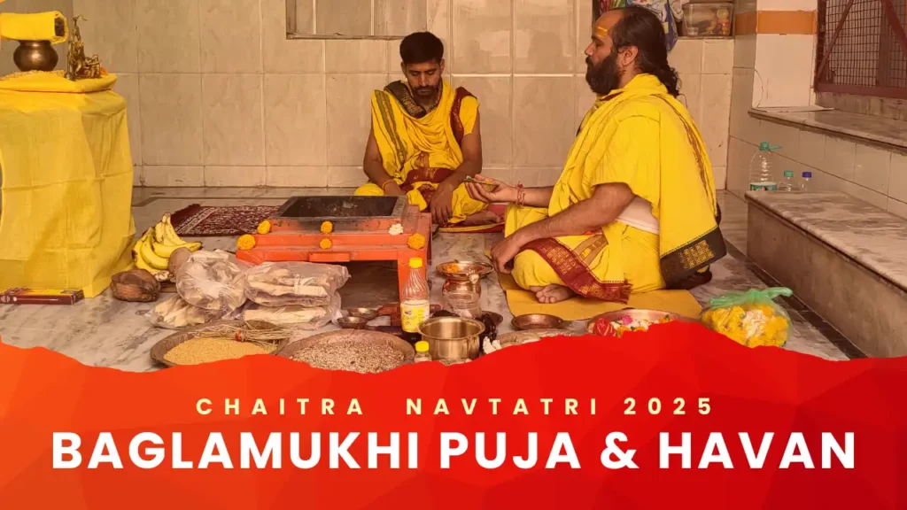Chaitra Navratri 2025 Baglamukhi Puja and Havan video featuring Hindu priests performing a sacred fire ritual with traditional offerings.