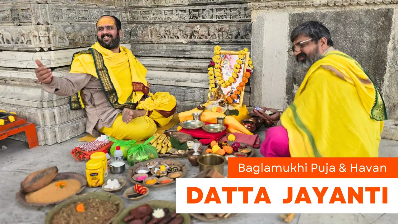 Datta Jayanti Baglamukhi Puja and Havan video featuring Hindu priests performing a sacred ritual with traditional puja offerings.