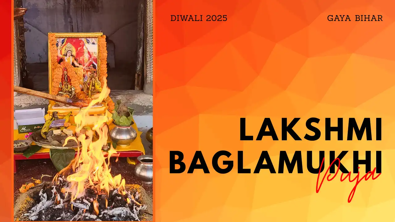 Diwali 2025 Lakshmi Baglamukhi Puja video featuring a decorated shrine, sacred fire and traditional ritual offerings in Gaya, Bihar.