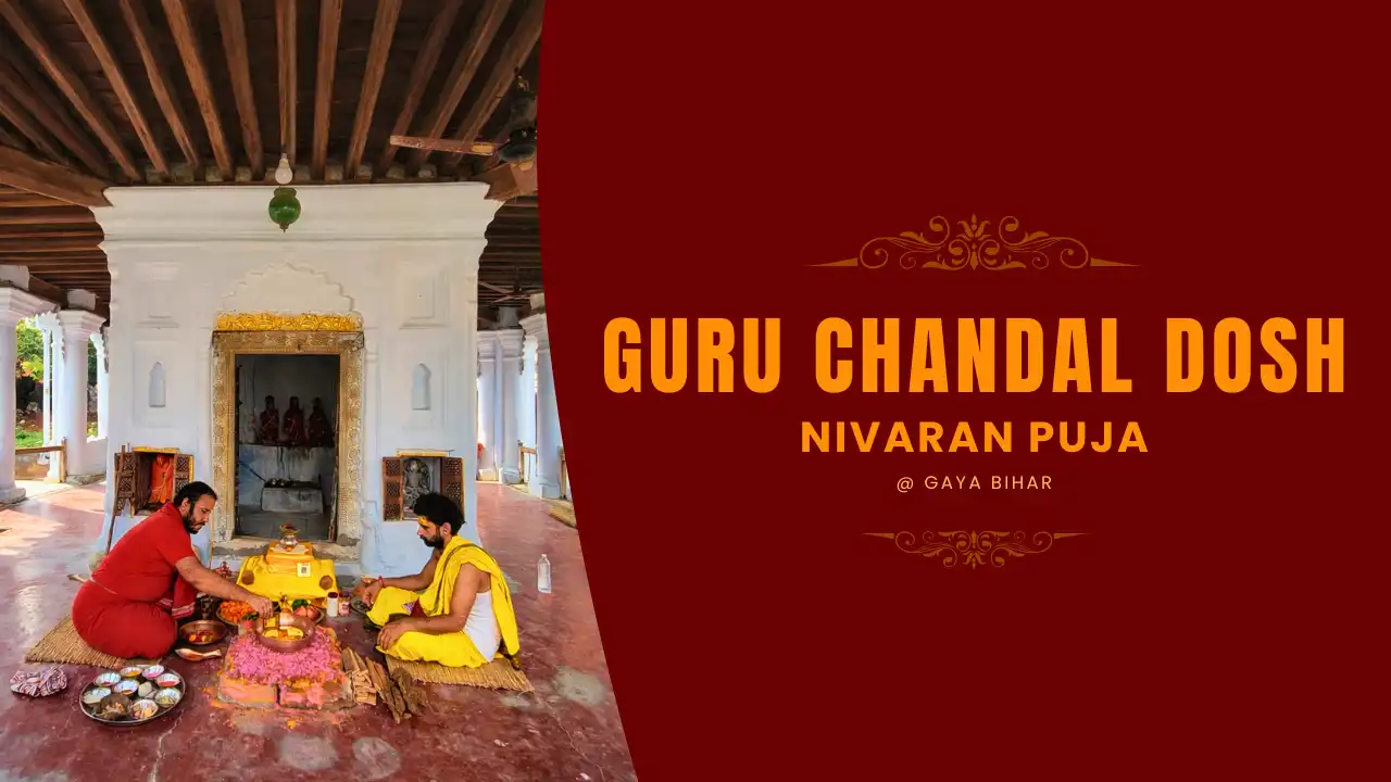 Guru Chandal Dosha Nivaran Puja video featuring Hindu priests performing a traditional ritual at a temple in Gaya, Bihar.