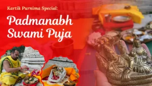 Kartik Purnima Padmanabh Swami Puja video featuring a Hindu priest performing a sacred ritual with traditional offerings and a decorated deity shrine.