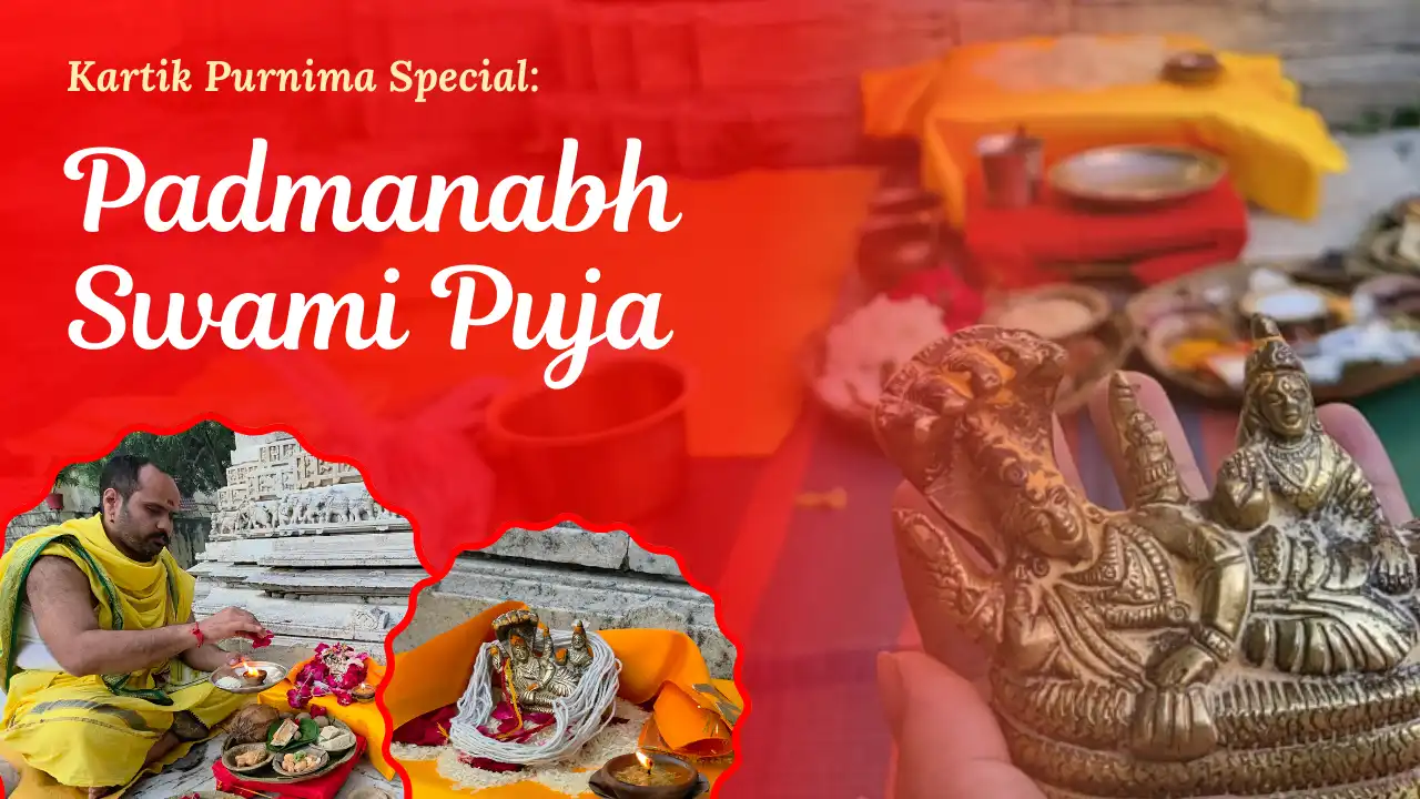 Kartik Purnima Padmanabh Swami Puja video featuring a Hindu priest performing a sacred ritual with traditional offerings and a decorated deity shrine.