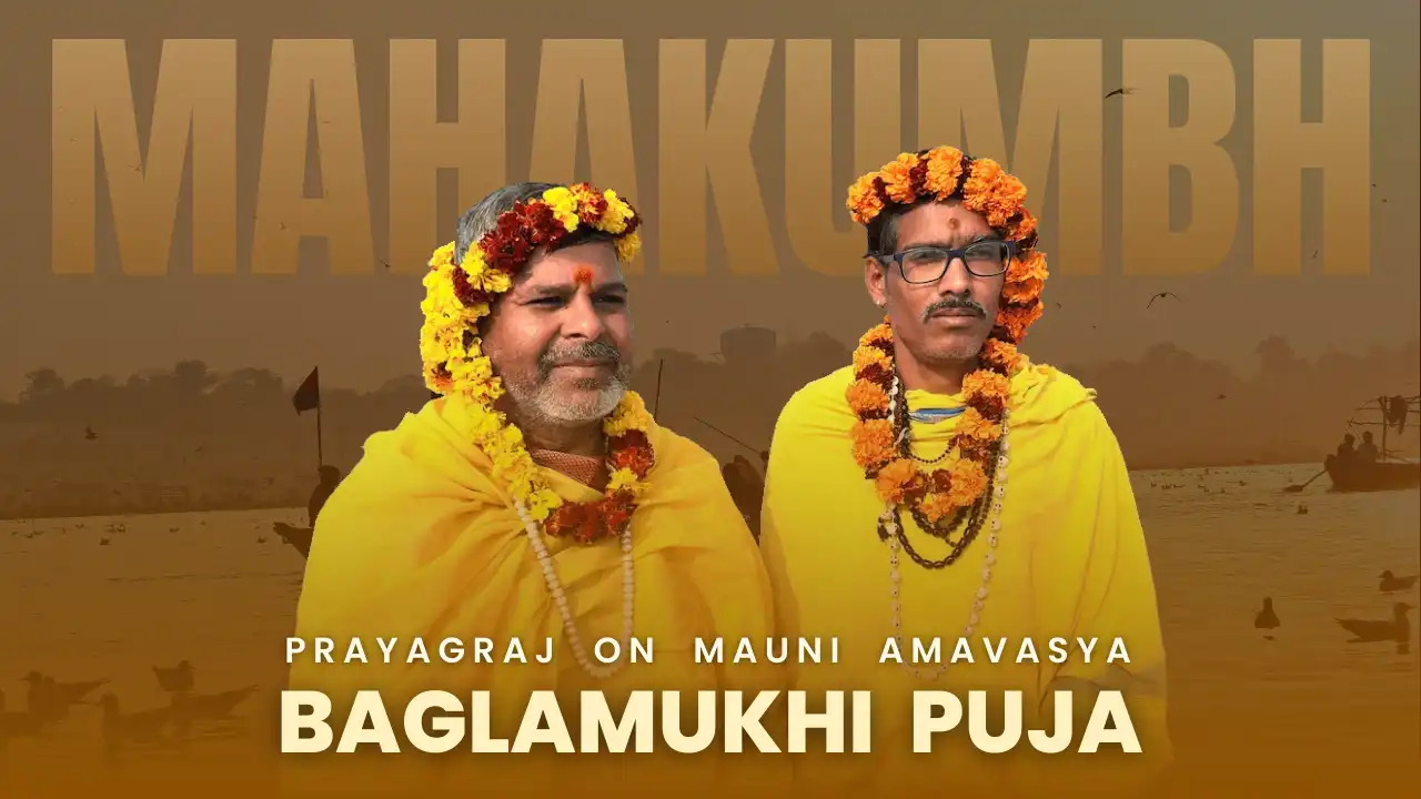 Mauni Amavasya Maha Kumbh Baglamukhi Puja video featuring Hindu priests performing a sacred ritual in Prayagraj.